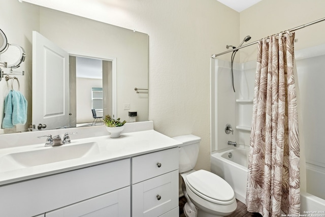 full bath featuring vanity, toilet, and shower / tub combo with curtain