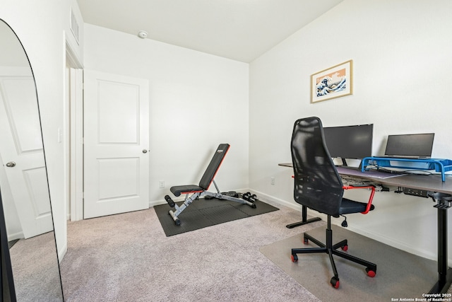 office space with visible vents, baseboards, and carpet flooring