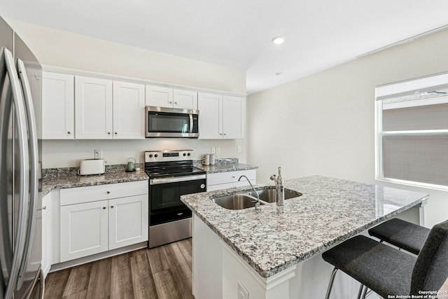 kitchen with a sink, stainless steel appliances, dark wood finished floors, and white cabinetry