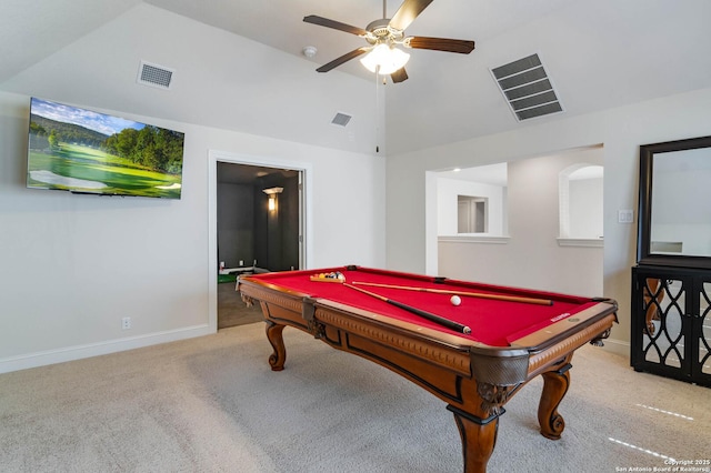 rec room with visible vents, lofted ceiling, and carpet