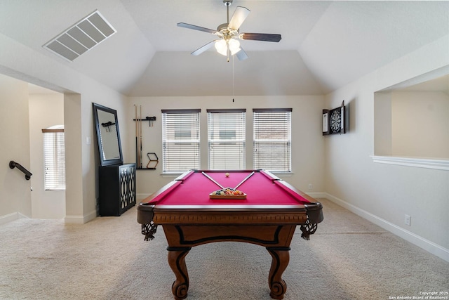 recreation room featuring a wealth of natural light, visible vents, and carpet