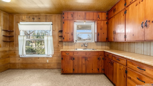 kitchen featuring a sink, brown cabinets, wood walls, and light countertops