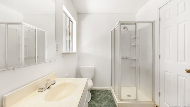 full bathroom with vanity, a shower stall, and toilet