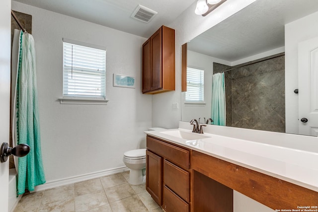 full bathroom with visible vents, a shower with curtain, and toilet