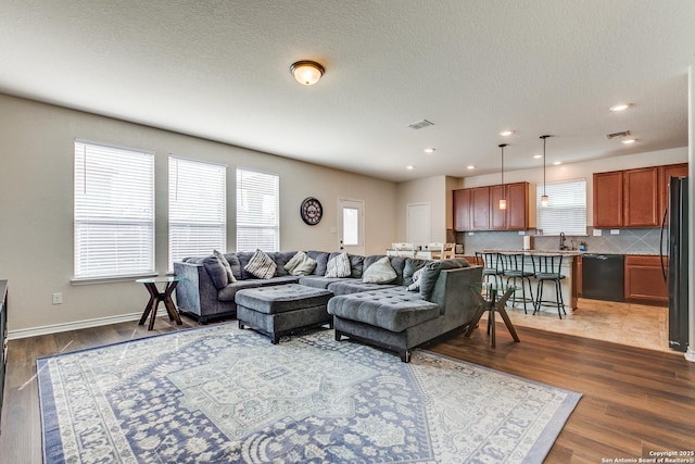 living room featuring wood finished floors, a healthy amount of sunlight, and baseboards