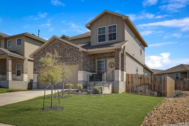 view of front facade featuring driveway, fence, board and batten siding, a garage, and brick siding