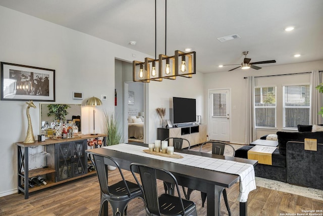 6424 Embankment, San Antonio, TX 78252 - dining space with a ceiling fan, wood finished floors, visible vents, baseboards, and recessed lighting