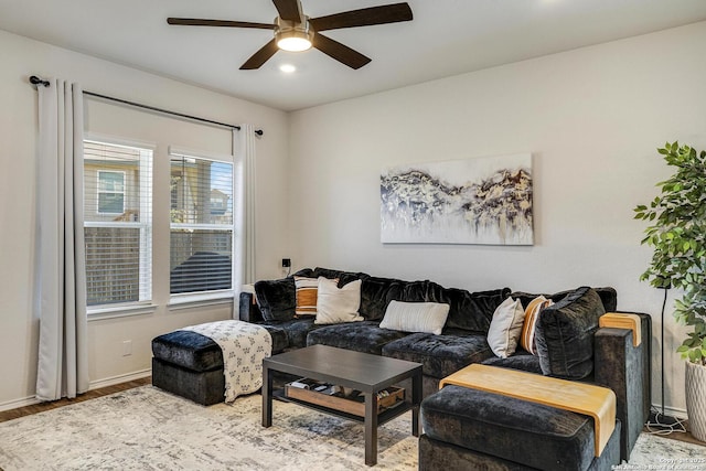 6424 Embankment, San Antonio, TX 78252 - living room featuring recessed lighting, baseboards, ceiling fan, and wood finished floors