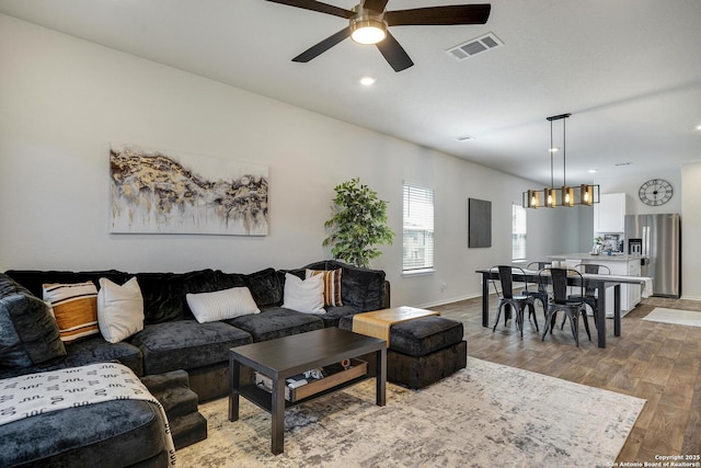 6424 Embankment, San Antonio, TX 78252 - living area with visible vents, wood finished floors, recessed lighting, baseboards, and ceiling fan