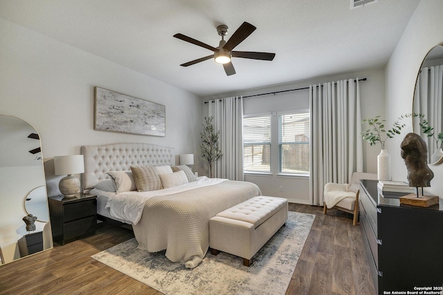 6424 Embankment, San Antonio, TX 78252 - bedroom with dark wood-style floors, visible vents, and ceiling fan
