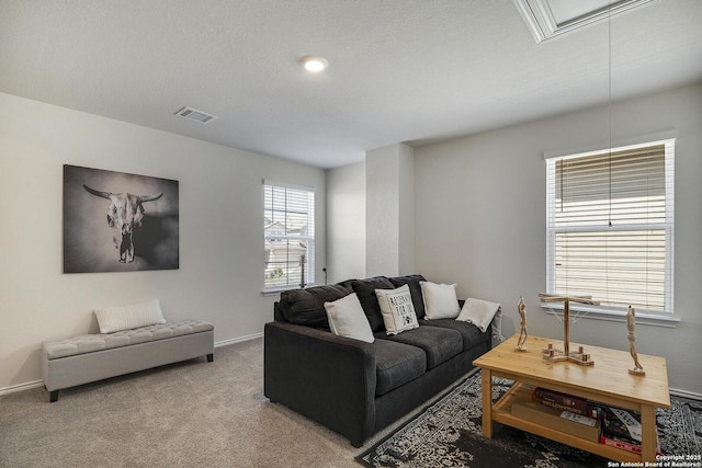 6424 Embankment, San Antonio, TX 78252 - living area featuring visible vents, baseboards, attic access, and carpet flooring