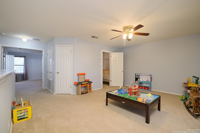 game room featuring visible vents, ceiling fan, baseboards, and carpet floors