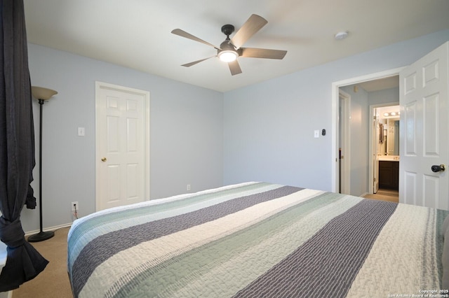 bedroom with light carpet, baseboards, and a ceiling fan