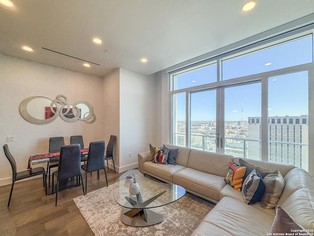 living area with a view of city, wood finished floors, recessed lighting, french doors, and baseboards