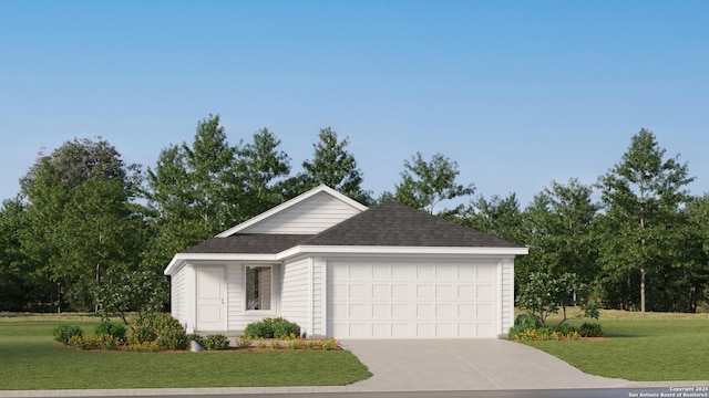 ranch-style house featuring an attached garage, concrete driveway, a front lawn, and a shingled roof