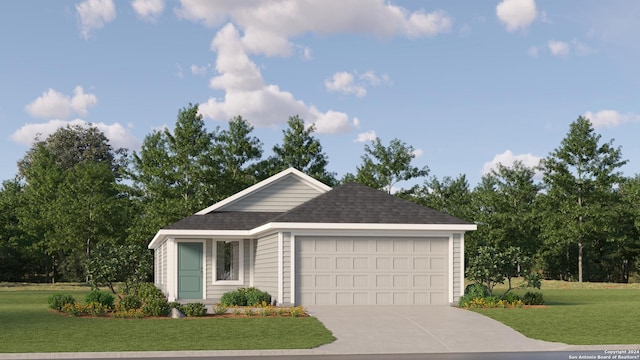 ranch-style house with a garage, driveway, a shingled roof, and a front yard