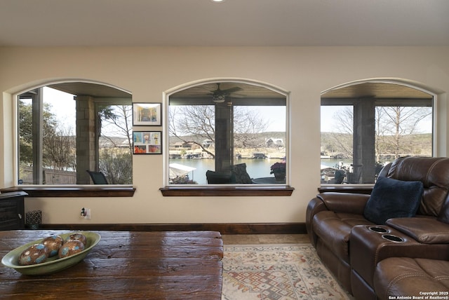 living room featuring plenty of natural light and a water view