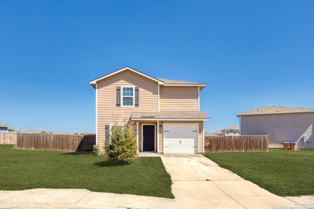 traditional-style house featuring a front yard, fence, an attached garage, a shingled roof, and concrete driveway