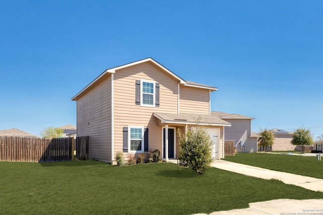 traditional-style house with concrete driveway, a front lawn, and fence