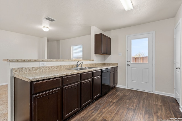 kitchen with a sink, dark brown cabinetry, light countertops, dishwasher, and dark wood-style flooring