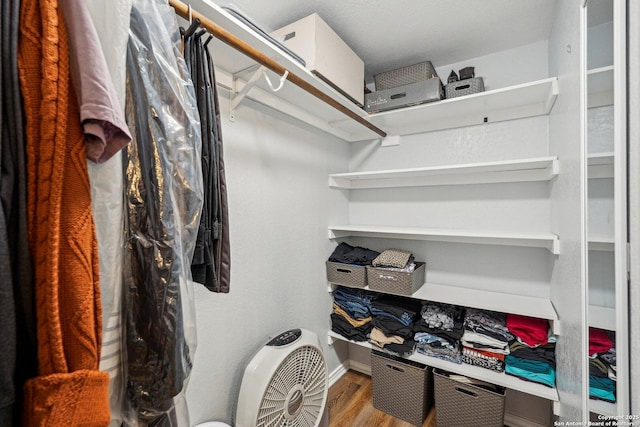 walk in closet with wood finished floors