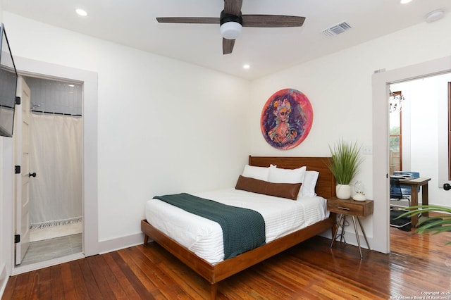 bedroom with a ceiling fan, visible vents, baseboards, recessed lighting, and wood-type flooring