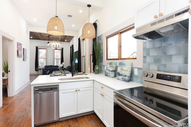 kitchen featuring under cabinet range hood, light countertops, a peninsula, stainless steel appliances, and a sink