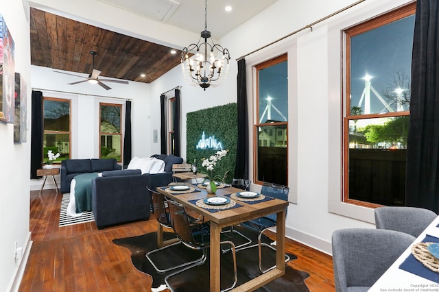 dining room with baseboards, recessed lighting, wooden ceiling, wood finished floors, and a ceiling fan