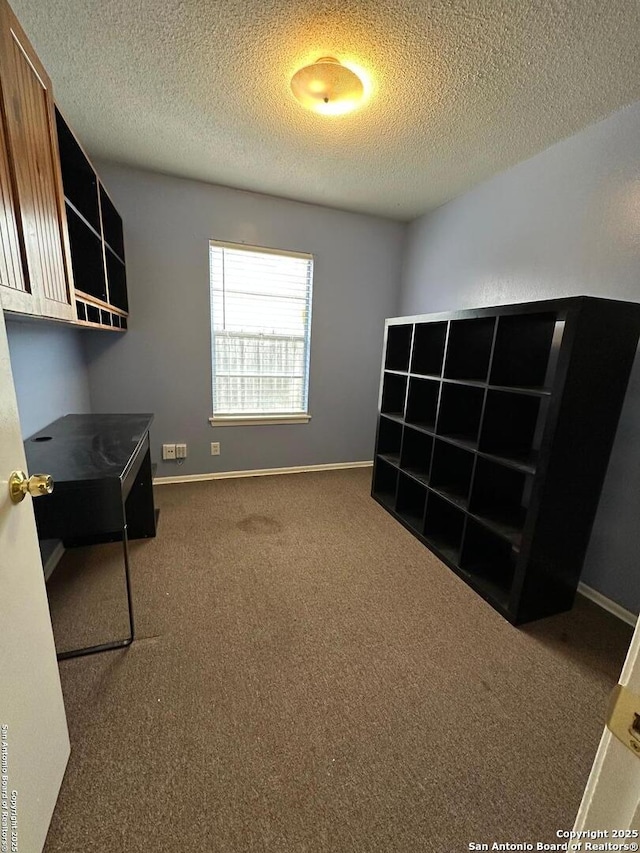 interior space featuring baseboards, a textured ceiling, and carpet flooring