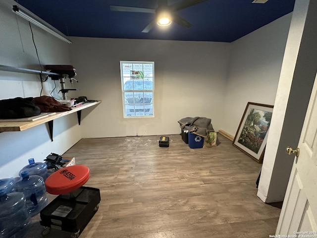 interior space featuring ceiling fan and wood finished floors