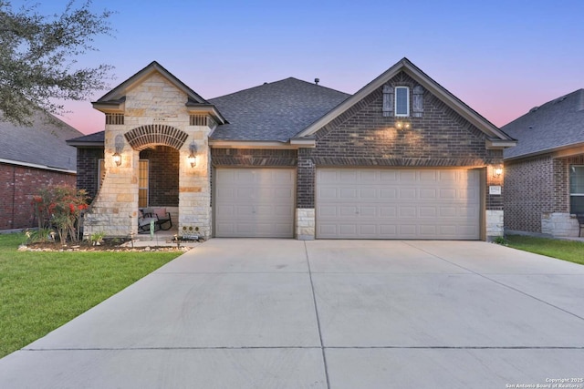 french country style house with a lawn, stone siding, concrete driveway, a garage, and brick siding