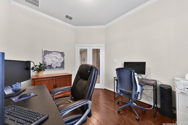 home office featuring crown molding, wood finished floors, visible vents, and french doors