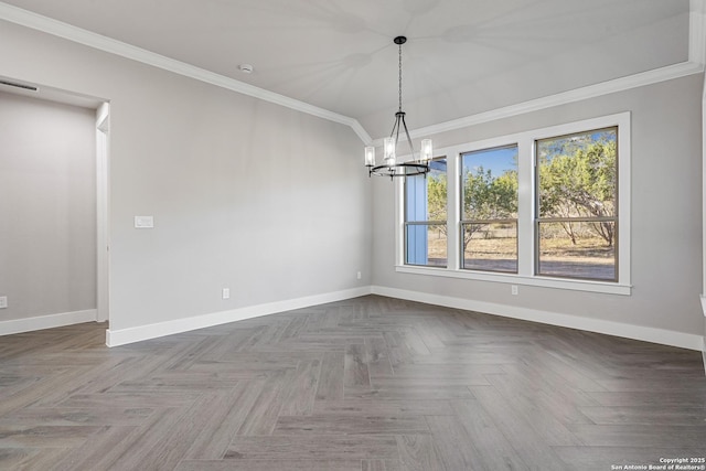 unfurnished dining area featuring visible vents, baseboards, an inviting chandelier, and ornamental molding