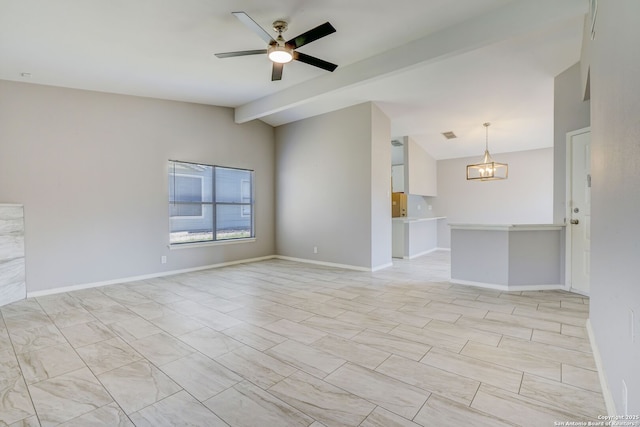 unfurnished living room featuring ceiling fan with notable chandelier, vaulted ceiling with beams, and baseboards