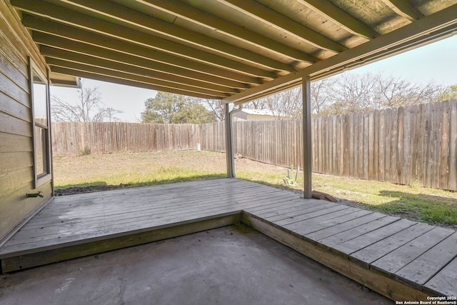 view of patio featuring a fenced backyard and a deck