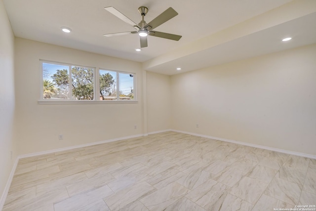 empty room featuring recessed lighting, baseboards, and a ceiling fan