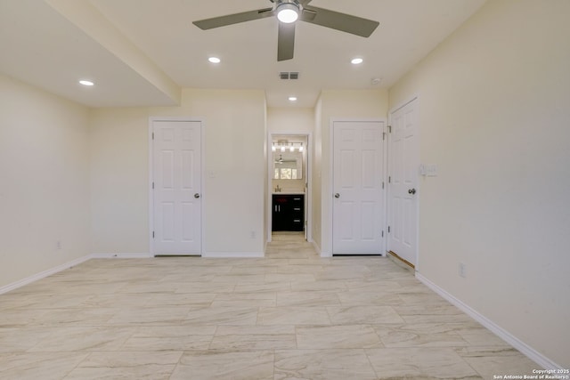 empty room featuring recessed lighting, visible vents, baseboards, and ceiling fan