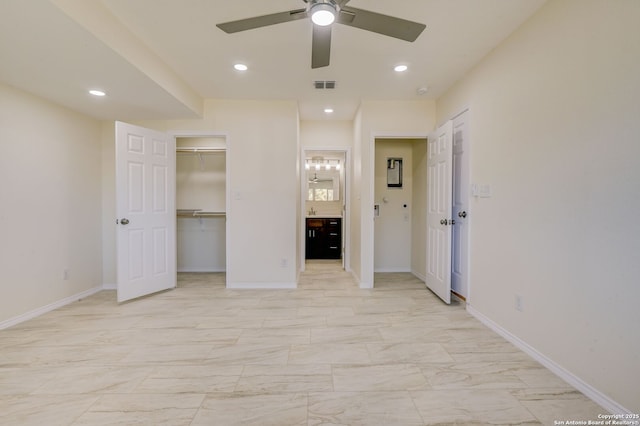 unfurnished bedroom featuring visible vents, recessed lighting, connected bathroom, and baseboards