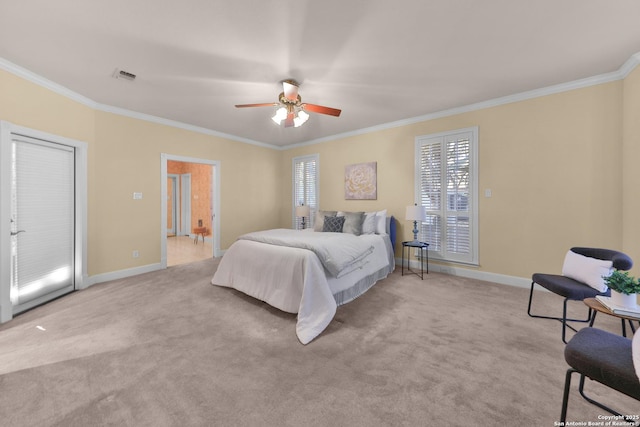 bedroom with baseboards, light colored carpet, visible vents, and ornamental molding