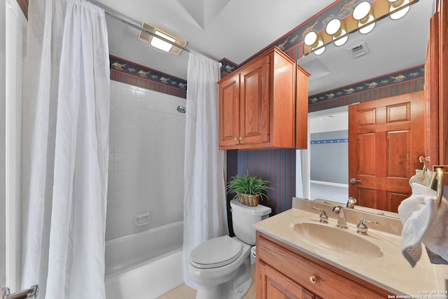 full bathroom with visible vents, wallpapered walls, toilet, vanity, and shower / bathtub combination with curtain