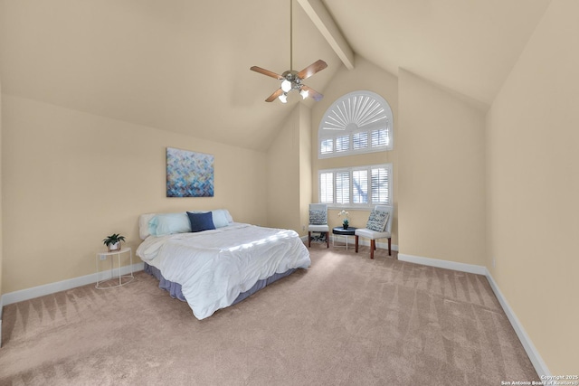 carpeted bedroom with beamed ceiling, a ceiling fan, baseboards, and high vaulted ceiling