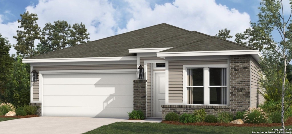 ranch-style home with brick siding, concrete driveway, a garage, and a shingled roof