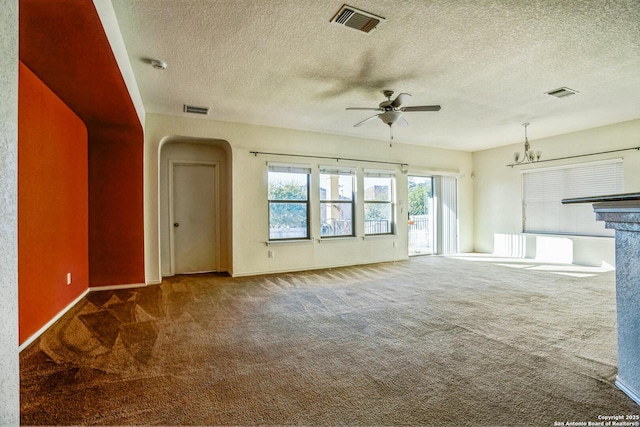 unfurnished living room featuring visible vents, arched walkways, and ceiling fan with notable chandelier