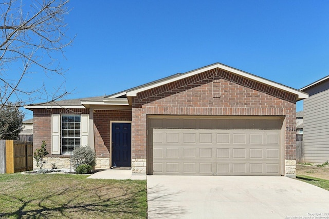 ranch-style home featuring driveway, stone siding, fence, an attached garage, and brick siding