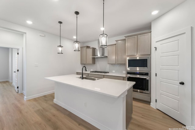 13223 Edith Gdns, San Antonio, TX 78253 - kitchen with light wood-type flooring, a sink, appliances with stainless steel finishes, wall chimney exhaust hood, and decorative backsplash