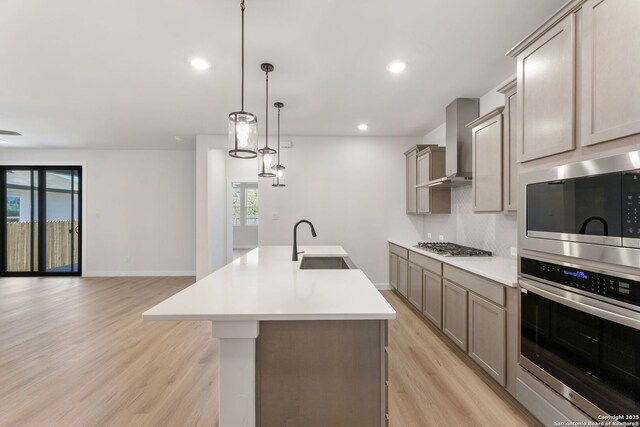 13223 Edith Gdns, San Antonio, TX 78253 - kitchen featuring light wood finished floors, appliances with stainless steel finishes, wall chimney range hood, and a sink