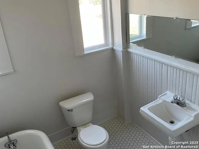 bathroom with a sink, toilet, and a bath