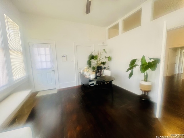 foyer with wood finished floors and ceiling fan