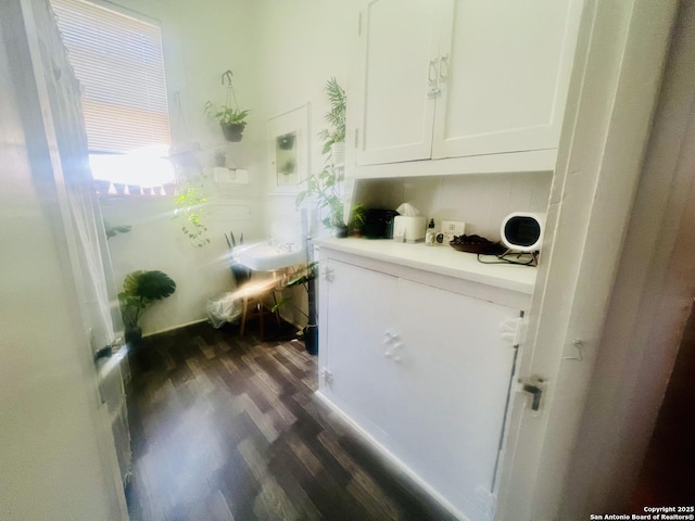 bathroom featuring wood finished floors and backsplash