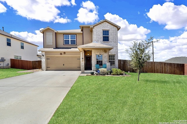 view of front facade featuring a garage, driveway, a front lawn, and fence